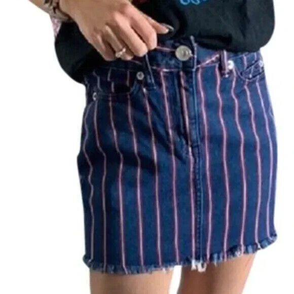 AMERICAN EAGLE Skirt 6 Denim Mini Super Stretch Striped Straight High Rise Blue - Picture 1 of 8